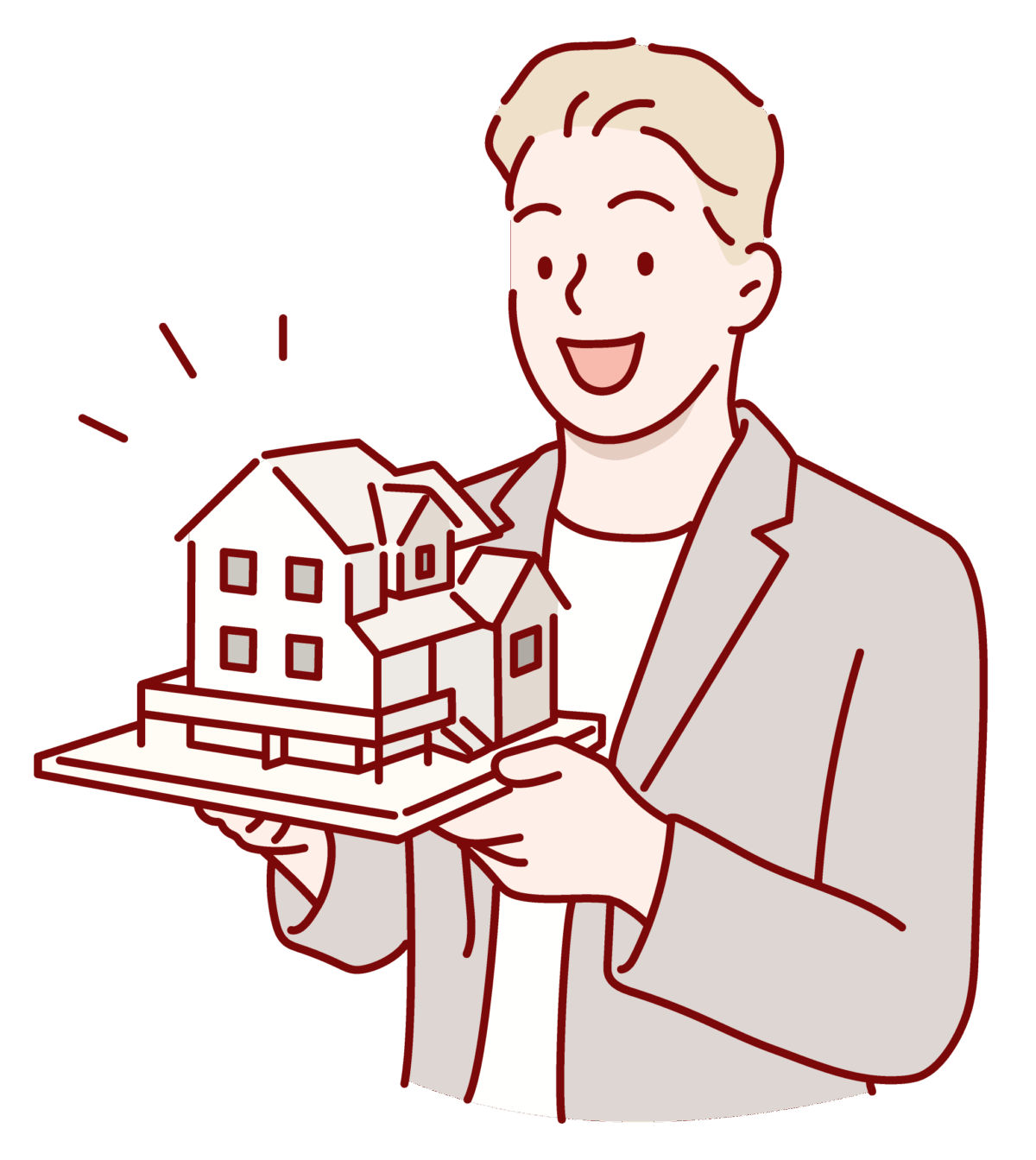 土地と一戸建ての模型を持っている男性。賃貸ではなく持ち家のように、自身の資産となるWebサイト制作