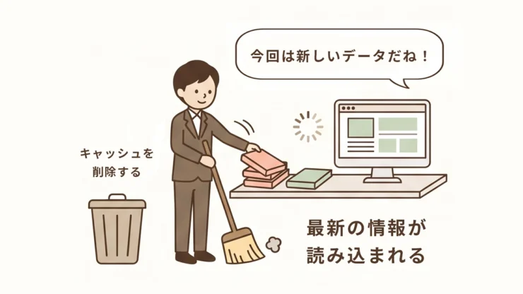 古いデータ（キャッシュ）を掃除して削除し、パソコンに最新の情報が読み込まれる様子を表したイラスト