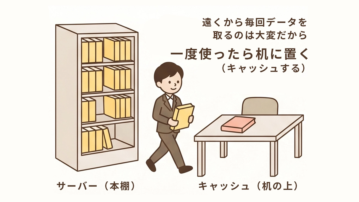 男性が「サーバー(本棚)」から本(データ)を運び、手前の「キャッシュ(机の上)」に置いているイラスト