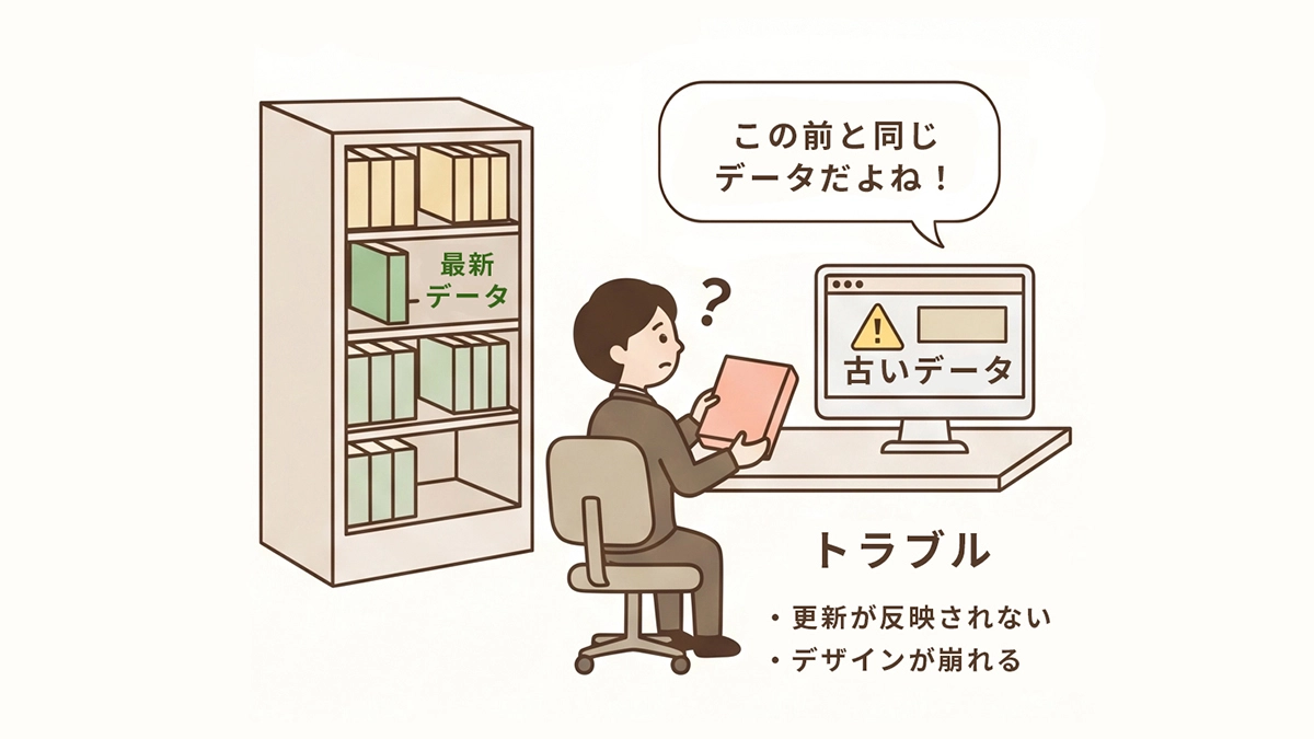男性が机の上の本(キャッシュ)とパソコン画面の警告を困惑しながら見ているイラスト