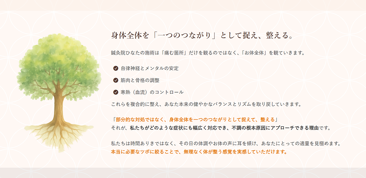 鍼灸院ひなた様「施術メニュー・料金」ページの原稿作成・デザイン制作事例