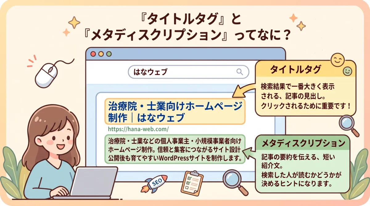 タイトルタグとメタディスクリプションを解説するイラスト