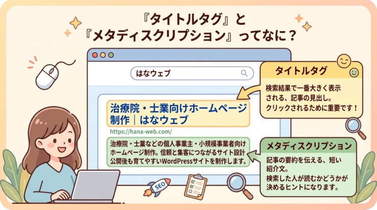 タイトルタグとメタディスクリプションを解説するイラスト
