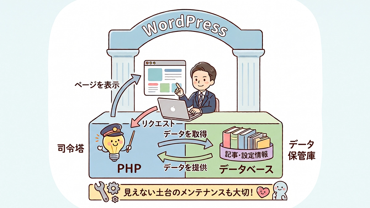 WordPressの裏側で動く仕組みのイメージ図。PHP（司令塔）がデータベースから情報を取り出し、ページとして表示する流れ
