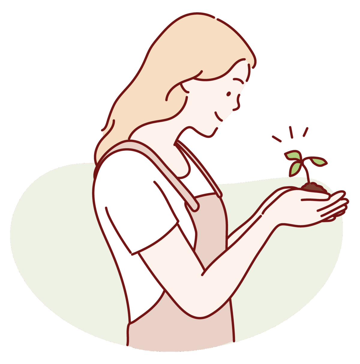 土に植えられた植物の芽を大切に持っている女性の手。Webサイトを長期的なビジネス資産として育てるイメージ